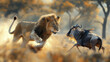 © Prompt World - Lion in Fierce Chase After Wildebeest on African Savannah