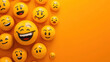 © Ika Puput - World Emoji Day Concept. 3d smiling emoticon or Smiley yellow ball emoji on yellow background. Funny emojis. World smile day emojis. World mental health day.  World Laughter Day. Copy space for text