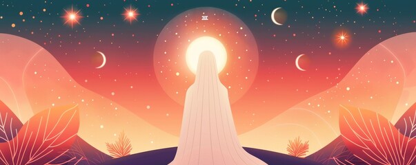 Wall Mural - Silhouette of a Person Standing Before the Sun and Stars.