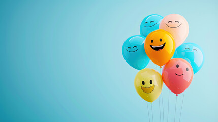 World Emoji Day Concept. Colorful balloons with a happy emoji face smiley. Emoji Celebration. World smile day emojis. World mental health day. World Laughter Day. Joyful mood. Copy space for text