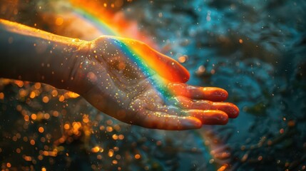 Poster - A hand reaching out to a rainbow in a dark, moody setting.