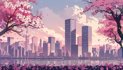 Wall Mural - skyline city with scyscraper office buildings. anime style