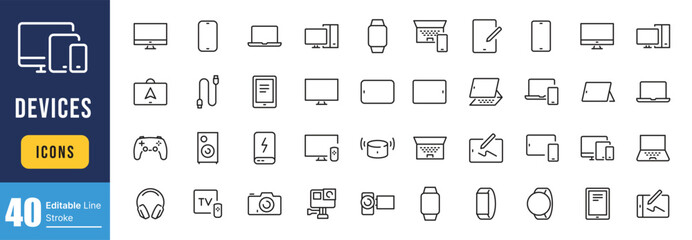 Set of Devices Related Vector Line Icons. Contains such Icons as Unfolded Tablet, Desktop PC Workstation, Round and Square Smart Watch and more. Editable Stroke.