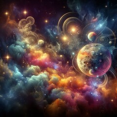 Wall Mural - Discover the mesmerizing beauty of deep space with this stunning image featuring the moon and solar system. Enhanced with smoke effects, sparkles, glitter, and a vibrant array of colors, this tattoo-i