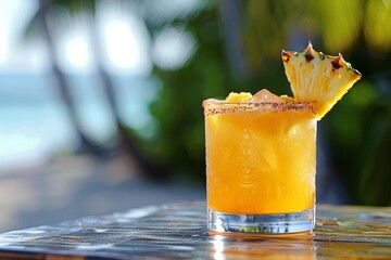 Wall Mural - A close-up of a tropical cocktail with a pineapple garnish on a beach table