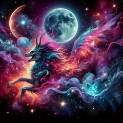 Wall Mural - Explore the celestial wonder of Orion the Hunter, depicted in deep space with the moon, smoke effects, sparkles, and glitter. This tattoo-style artwork features a vibrant explosion of colors, capturin