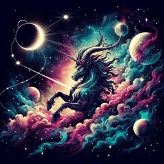 Wall Mural - Explore the celestial wonder of Orion the Hunter, depicted in deep space with the moon, smoke effects, sparkles, and glitter. This tattoo-style artwork features a vibrant explosion of colors, capturin