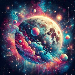 Wall Mural - Discover the mesmerizing beauty of deep space with this stunning image featuring the moon and solar system. Enhanced with smoke effects, sparkles, glitter, and a vibrant array of colors, this tattoo-i
