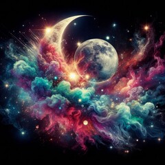 Wall Mural - Discover the mesmerizing beauty of deep space with this stunning image featuring the moon and solar system. Enhanced with smoke effects, sparkles, glitter, and a vibrant array of colors, this tattoo-i