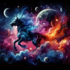 Wall Mural - Explore the celestial wonder of Orion the Hunter, depicted in deep space with the moon, smoke effects, sparkles, and glitter. This tattoo-style artwork features a vibrant explosion of colors, capturin