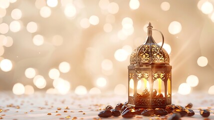 Ramadan and Eid concept light cream background with dates and Arabic traditional lantern Light Lamp