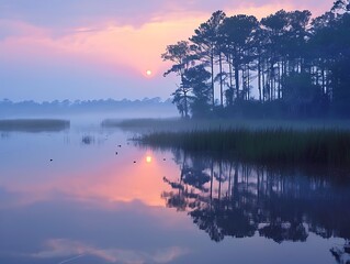 Wall Mural - Carolina marshlands at dawn, with birds and wildlife reflecting in the still water, copy space for text, focus cover all subject, deep depth of field, nodust