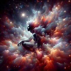 Wall Mural - Discover the ethereal beauty of Orion the Hunter, captured in a mesmerizing celestial scene. This image features vivid colors, smoke effects, sparkles, and glitter, creating a ghostly and captivating 