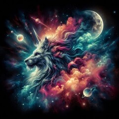 Wall Mural - Explore the celestial wonder of Orion the Hunter, depicted in deep space with the moon, smoke effects, sparkles, and glitter. This tattoo-style artwork features a vibrant explosion of colors, capturin