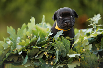 Poster - black staffordshire bull terrier puppy portrait in oak leaves outdoors