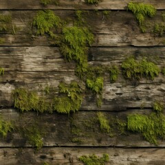 Poster - Old wooden wall, green moss. Seamless texture.