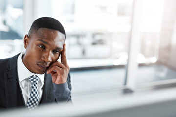Aufkleber - Business, pc and black man with headache, frustrated and software update glitch with error 404, stress and deadline. African person, employee or consultant with computer, migraine and workflow crisis