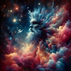 Wall Mural - Discover the ethereal beauty of Orion the Hunter, captured in a mesmerizing celestial scene. This image features vivid colors, smoke effects, sparkles, and glitter, creating a ghostly and captivating 