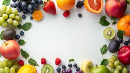  A colorful fruit and berry border with fresh mint leaves on a white background.