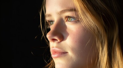 Wall Mural - Young woman with blonde hair looking off to the side, lit by sunlight