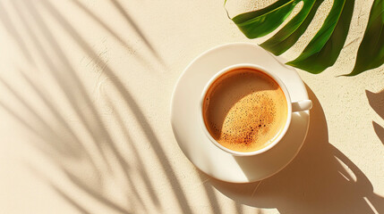 Wall Mural - Cupf of coffee top view on a light beige background and sun reflection