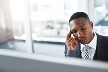 Aufkleber - Business, tired and black man with stress headache for project mistake, burnout and frustrated for brain fog in office. African accountant, migraine and upset for audit crisis, fatigue and tax fail
