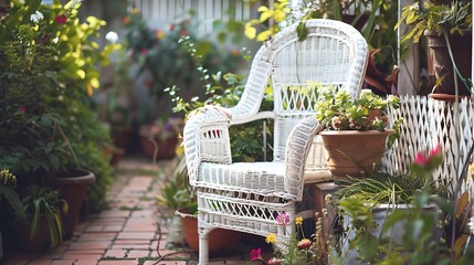 White wicker chair in the garden plants in pots stand on the chair