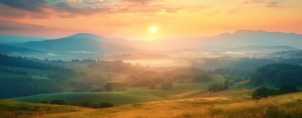 Wall Mural - Your life will change: A panoramic view of a sunrise over a peaceful valley, symbolizing hope and new beginnings. Copy space for text, focus cover all aspects, deep depth of field, no dust