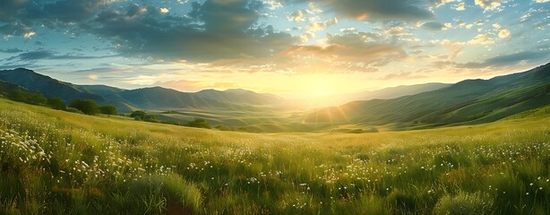 Wall Mural - Your life will change: A panoramic view of a sunrise over a peaceful valley, symbolizing hope and new beginnings. Copy space for text, focus cover all aspects, deep depth of field, no dust