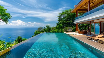 Wall Mural - wealthy for life: a luxury villa overlooking the ocean, with a beautiful infinity pool and lush surr