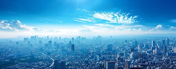 Wall Mural - Dare to think: An expansive view of a city from a high vantage point, with the horizon stretching far beyond, symbolizing limitless potential. Copy space for text, focus cover all aspects, deep depth