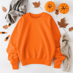 Flat lay orange sweatshirt mockup, top front view. Long sleeve shirt laying on wooden floor, pumpkins, autumn background. Halloween, Thanksgiving, fall season outfit, blank your design here template