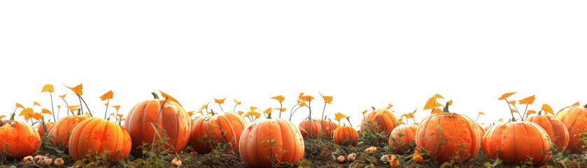 a lively pumpkin patch brimming with bright orange pumpkins and yellow flowers. this scene captures 