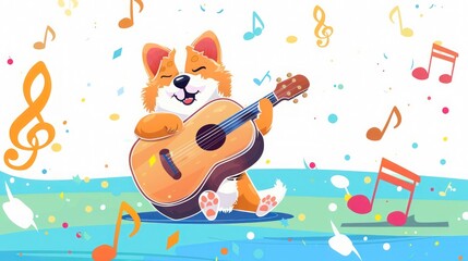 Wall Mural - A cute dog playing an acoustic guitar, illustrated in flat cartoon style against a colorful musical note background.