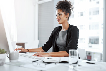 Poster - Attorney, woman and computer with report, legal documents and keyboard with contract for deal agreement. Business, technology and smile for thinking, law firm and planning with website and case email