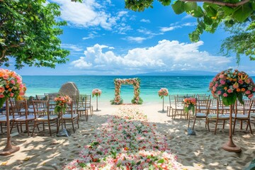 A beach wedding setup with chairs, flowers, and an ocean backdrop