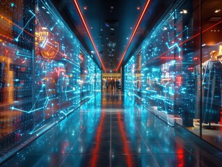 Aufkleber - A large, brightly lit room with a blue and red color scheme