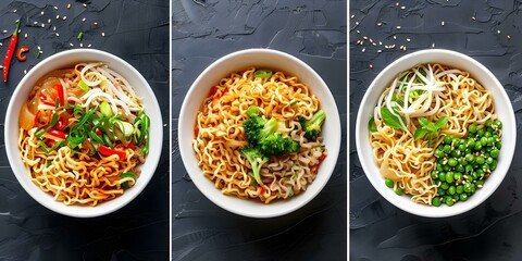 Wall Mural - Collage of Vibrant Chinese Noodle Bowls from Above. Concept Food Photography, Asian Cuisine, Noodle Bowls, Vibrant Photography, Flat Lay Approach