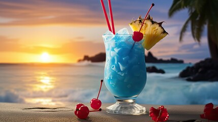 Wall Mural - Blue Lagoon cocktail with pineapple