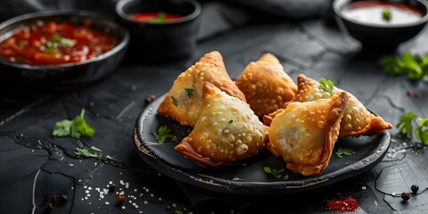 Wall Mural - Delicious Indian street food Potato-filled fried vegetarian samosas. Concept Indian Cuisine, Street Food, Vegetarian Recipes, Fried Snacks, Potato-filled Samosas