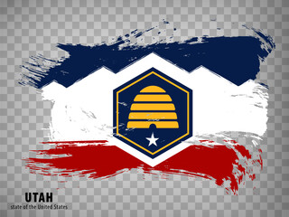 Wall Mural - Flag of Utah State from brush strokes. United States of America.  Waving New Flag State of Utah with title on transparent background for your web site design, app, UI. USA. Vector illustration. EPS10.