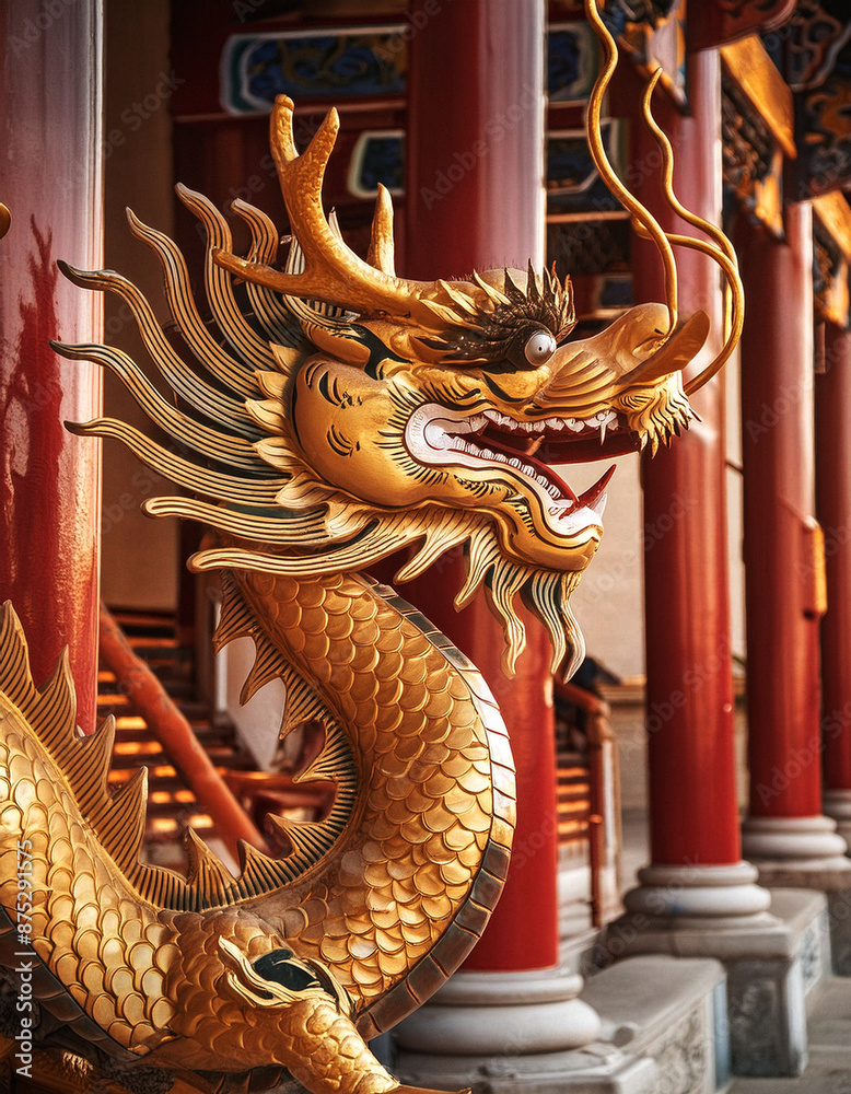 Inside an ancient Chinese temple, a towering golden dragon sculpture ...