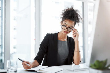Poster - Glasses, writing and woman in office, computer and reading of research, online and journalist on desk. Company, digital and reporter with notebook for editing of story for blog, news and notes