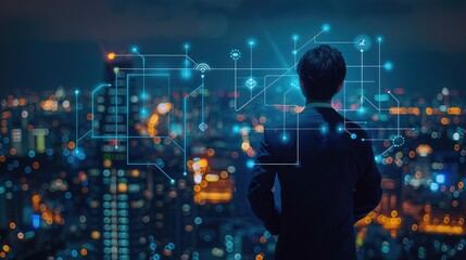 Poster - A businessman in a blue suit checks his work overlooking a cityscape at night, with glowing network connections and cryptocurrency symbols overlaid. Generative AI.