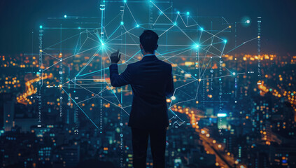 Poster - A businessman in a blue suit checks his work overlooking a cityscape at night, with glowing network connections and cryptocurrency symbols overlaid. Generative AI.