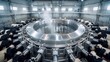 © visoot - Milk factory, rotary table milking machine, many cows standing on the milking machine, panoramic. Generative AI.