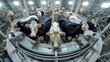 © visoot - Milk factory, rotary table milking machine, many cows standing on the milking machine, panoramic. Generative AI.