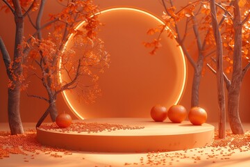 Poster - 3D rendering geometric shape on orange podium for Halloween. Generative AI.