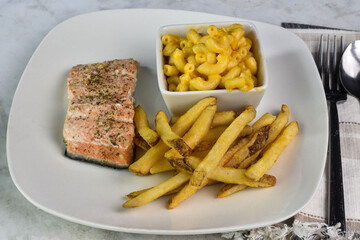 Wall Mural - boked salmon with mac and cheese and fries