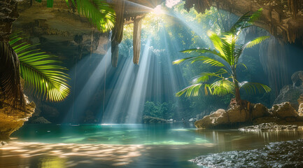Poster - A lush tropical cavern entrance to a lagoon with sun rays shining down from above. Generative AI.